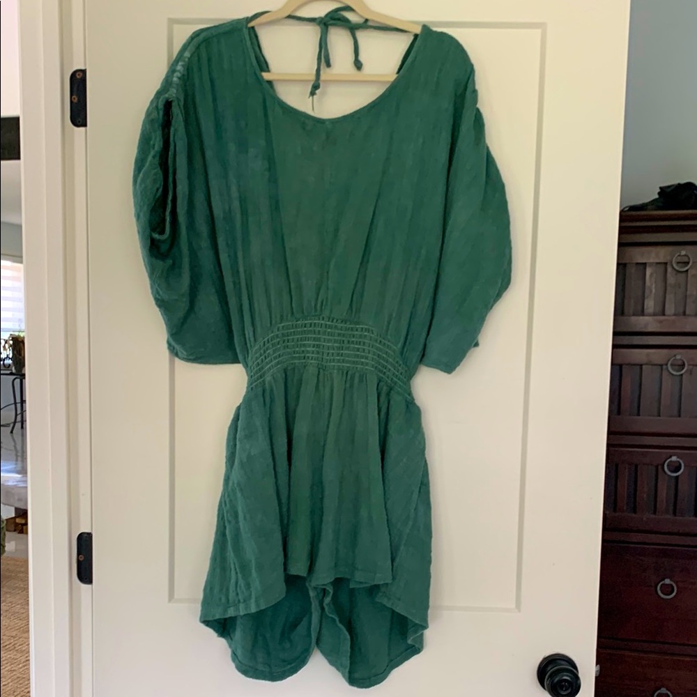 Free People faded green open back tie neck 100% cotton romper size small
